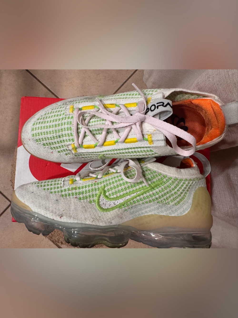 Nike Women's White Green Knit VaporMax Sneakers with Yellow Accents